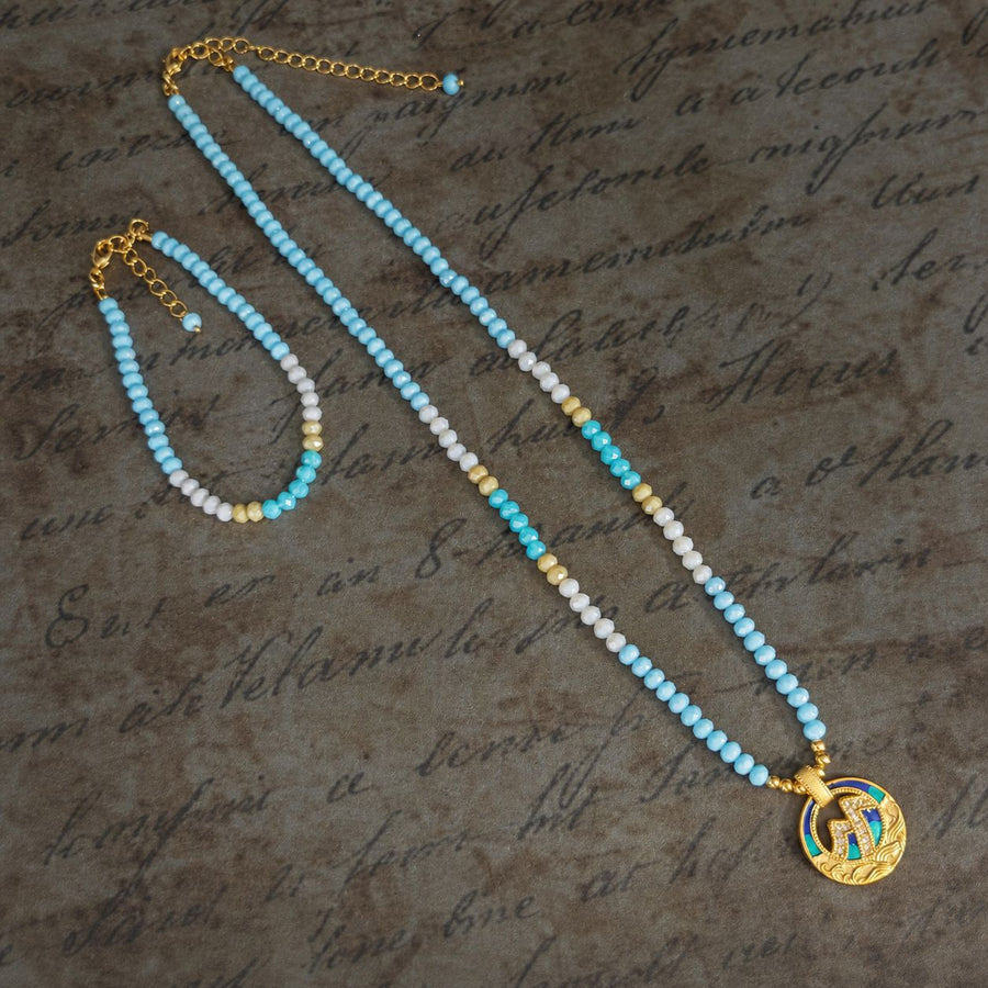 Blue Bead Pearl and Rice-bead Choker Necklace & Bracelet