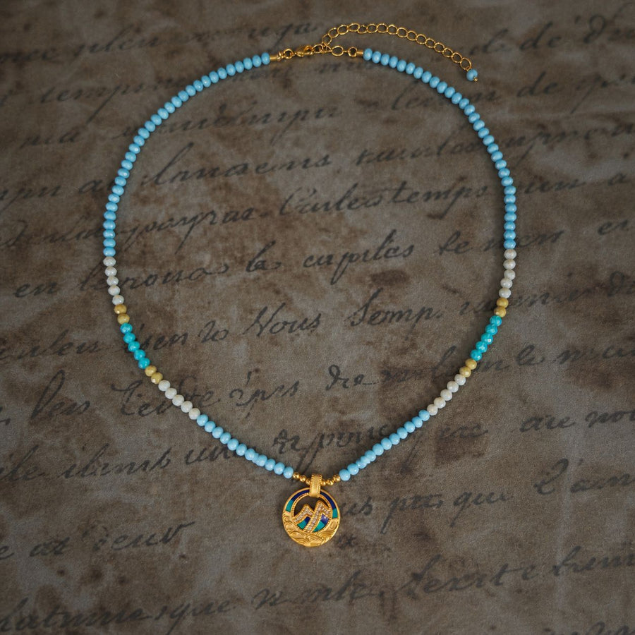 Blue Bead Pearl and Rice-bead Choker Necklace & Bracelet
