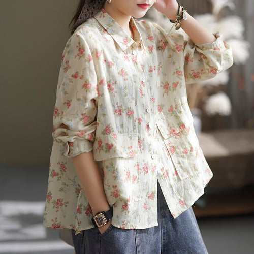 New Vintage Ramie Floral Long-sleeve Shirt for Women