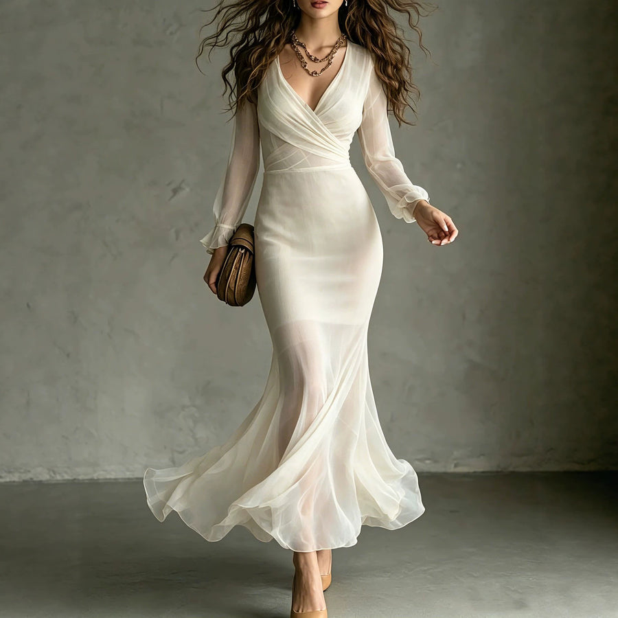 Cross-wrap Waist-cinching Chiffon Maxi Dress for Parties