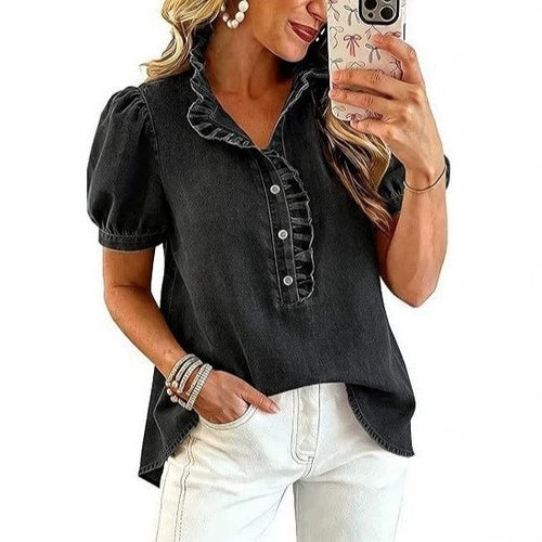 Stylish Bubble-sleeve Denim Shirt Top for Women