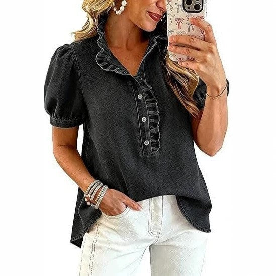Stylish Bubble-sleeve Denim Shirt Top for Women