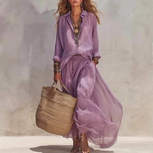 Loose-fitting Lapel Blouse and Skirt Two-piece Set for Stylish Comfort