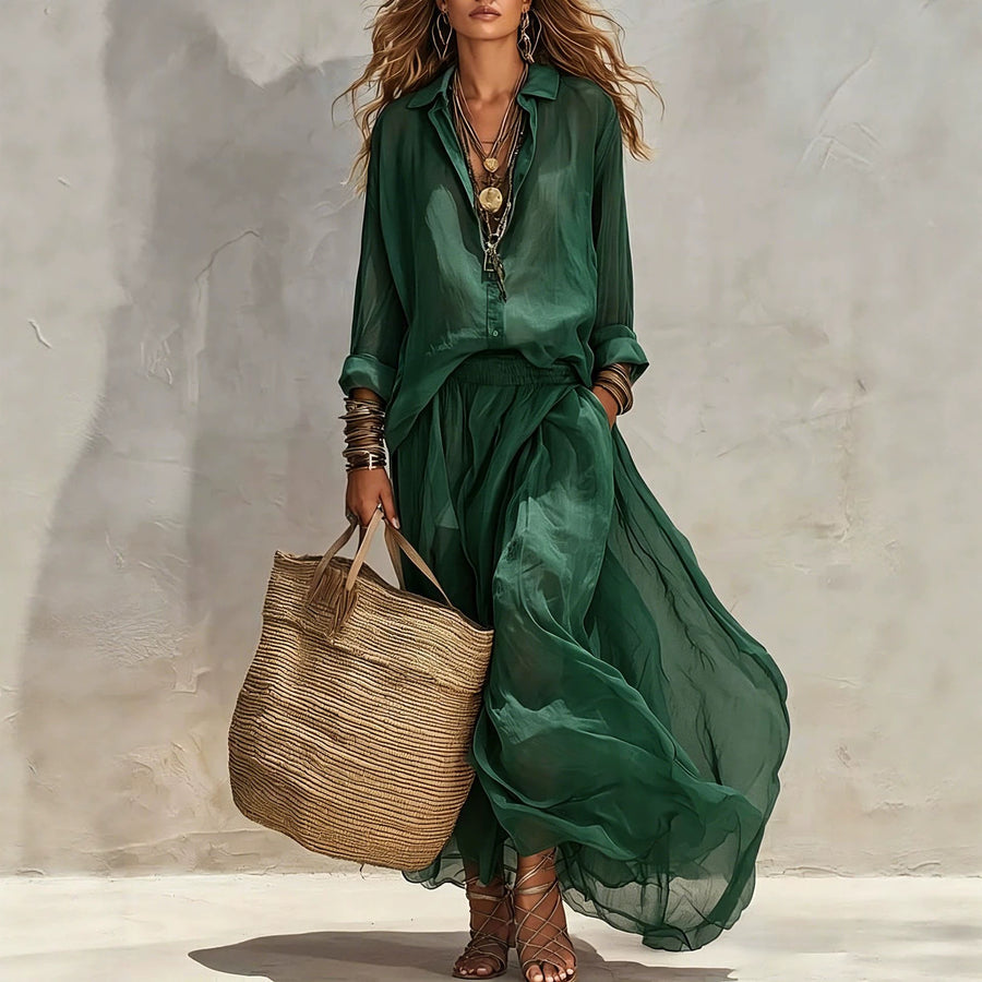 Loose-fitting Lapel Blouse and Skirt Two-piece Set for Stylish Comfort