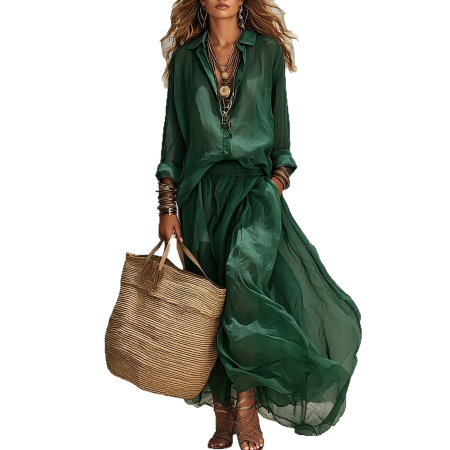 Loose-fitting Lapel Blouse and Skirt Two-piece Set for Stylish Comfort