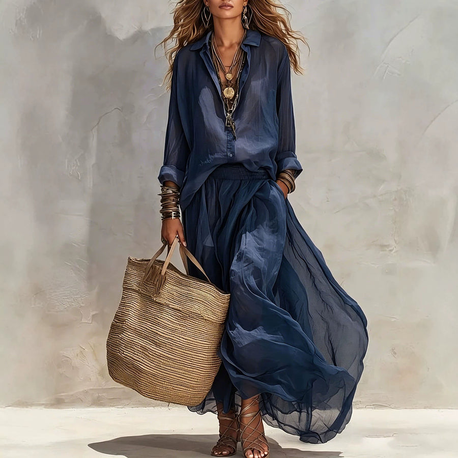 Loose-fitting Lapel Blouse and Skirt Two-piece Set for Stylish Comfort