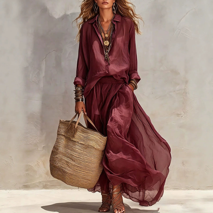 Loose-fitting Lapel Blouse and Skirt Two-piece Set for Stylish Comfort