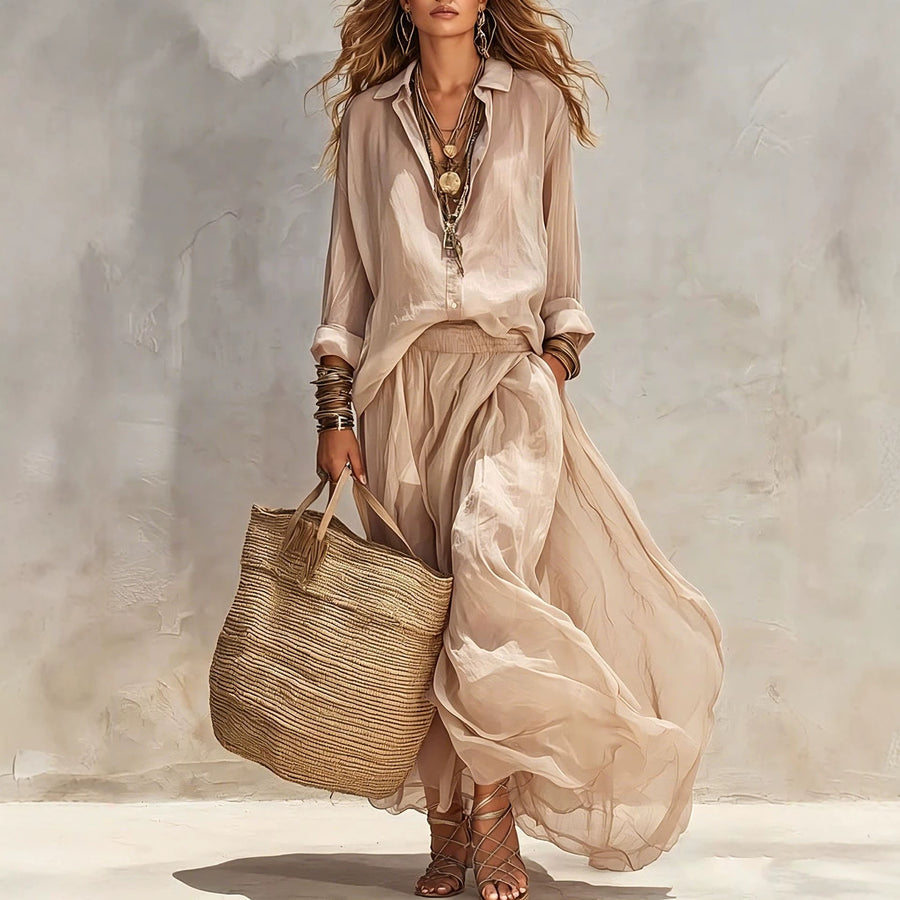 Loose-fitting Lapel Blouse and Skirt Two-piece Set for Stylish Comfort