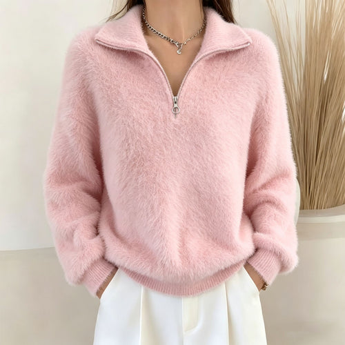 Lapel-collar Zip-up Pullover Sweater for Women