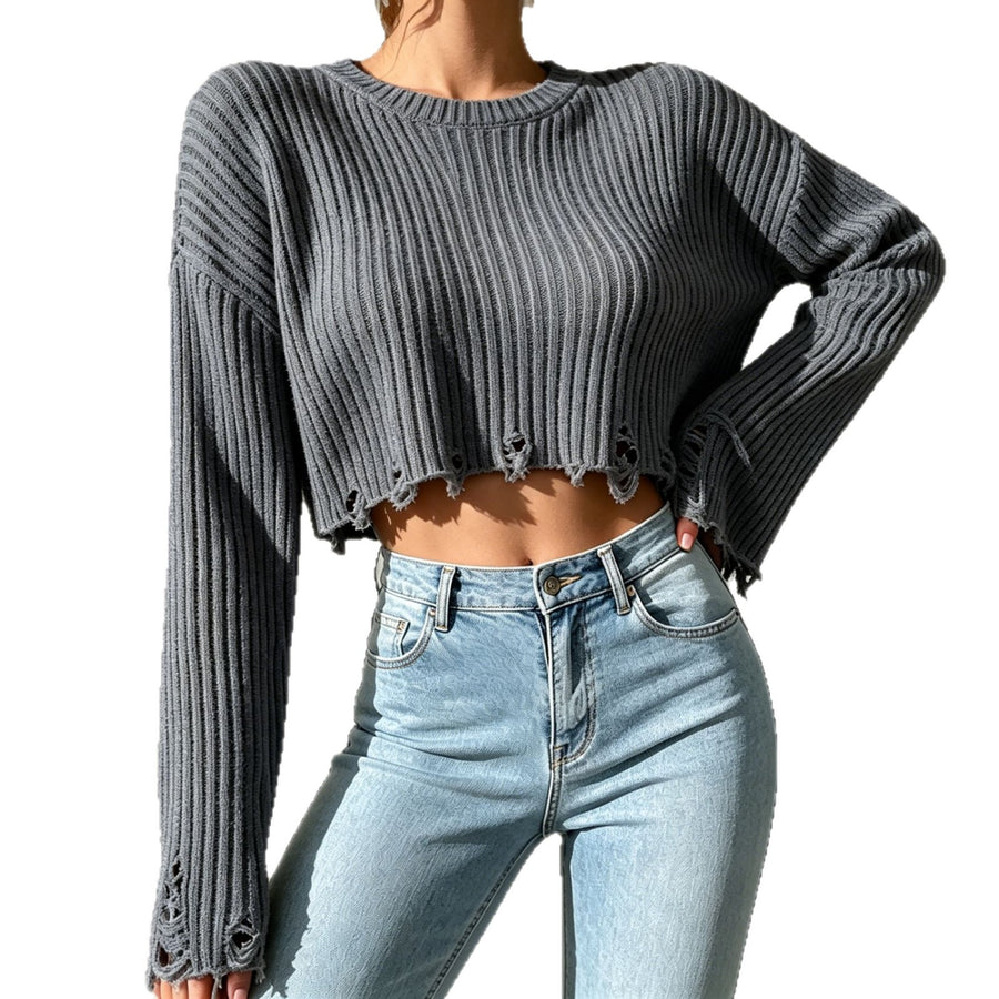 Sexy Ripped Long-Sleeve Knit Crop Top for Women