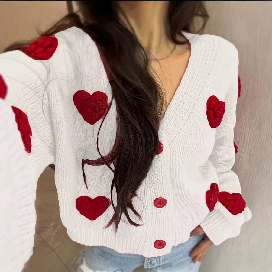 Womens Fashionable Knitted Cardigan with Heart Motifs