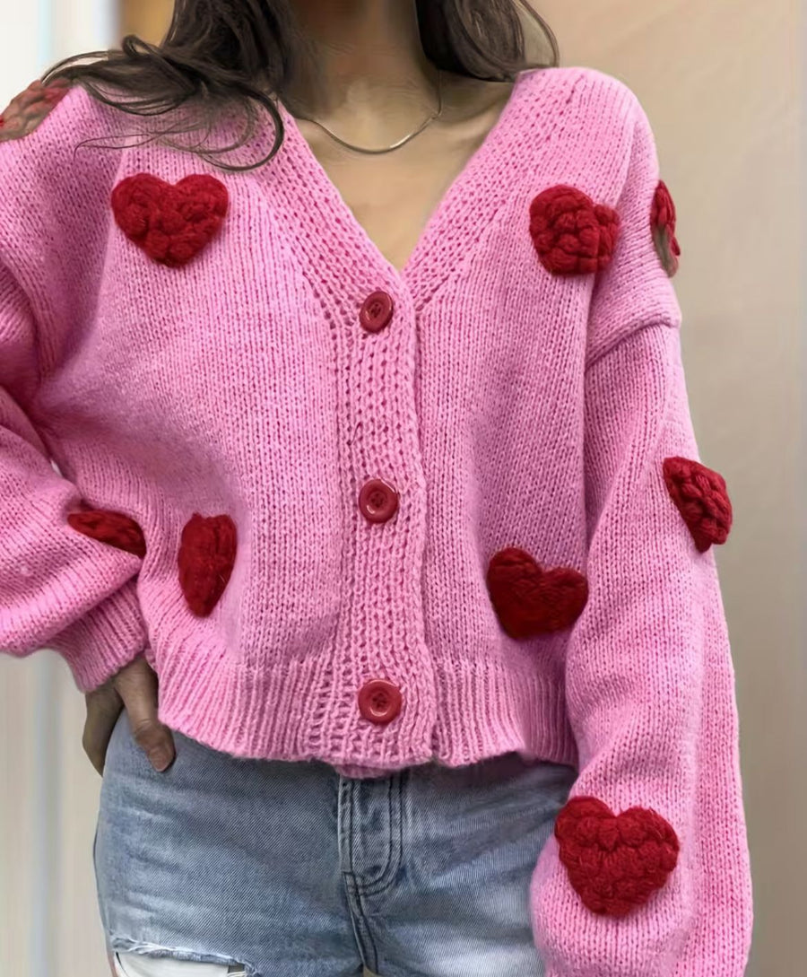 Womens Fashionable Knitted Cardigan with Heart Motifs