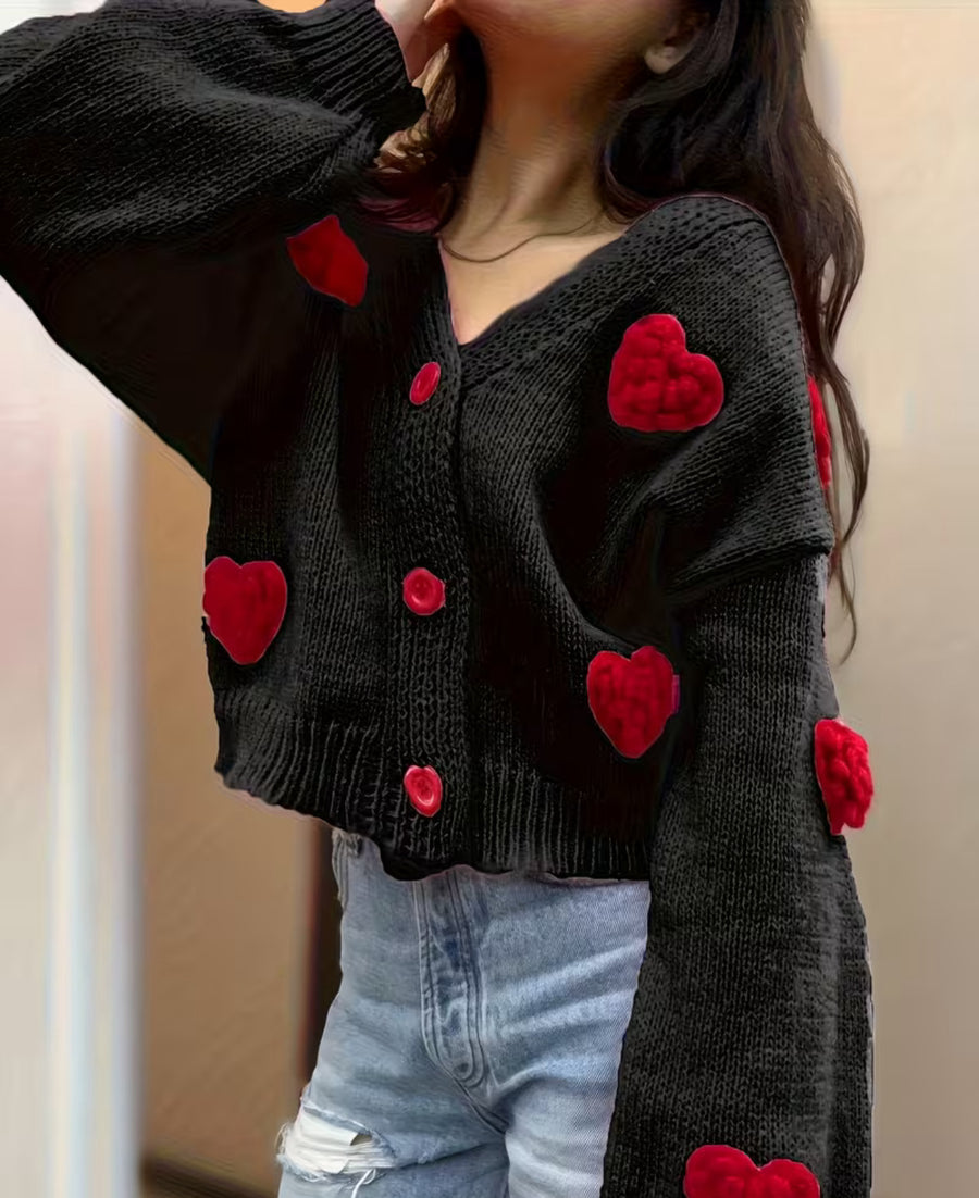 Womens Fashionable Knitted Cardigan with Heart Motifs