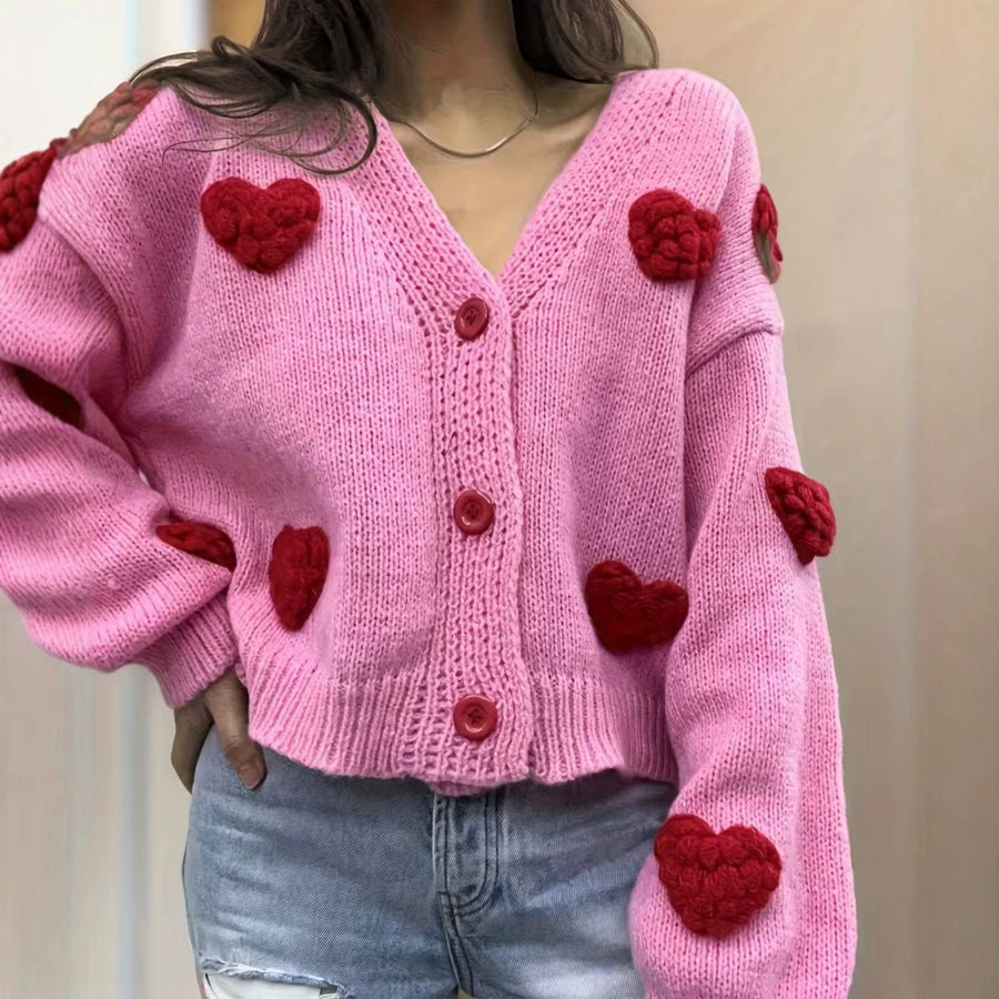 Womens Fashionable Knitted Cardigan with Heart Motifs