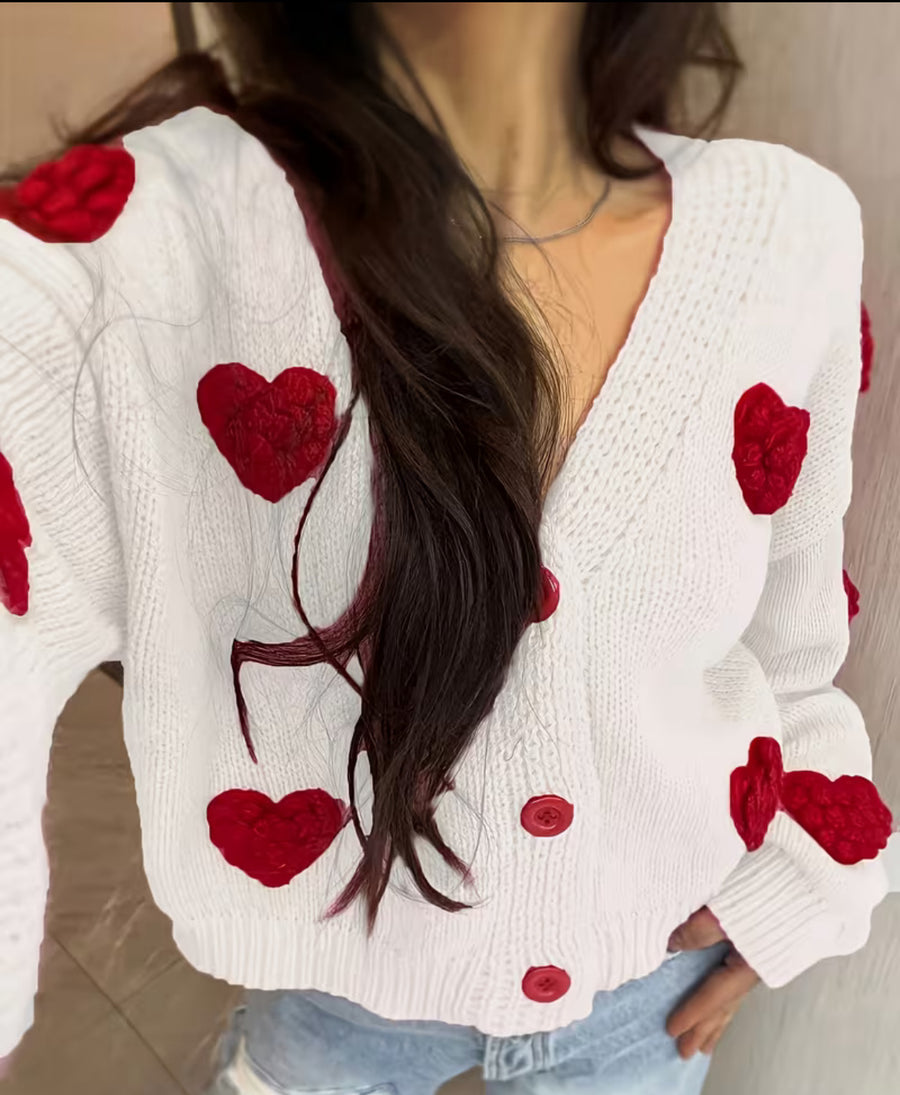 Womens Fashionable Knitted Cardigan with Heart Motifs
