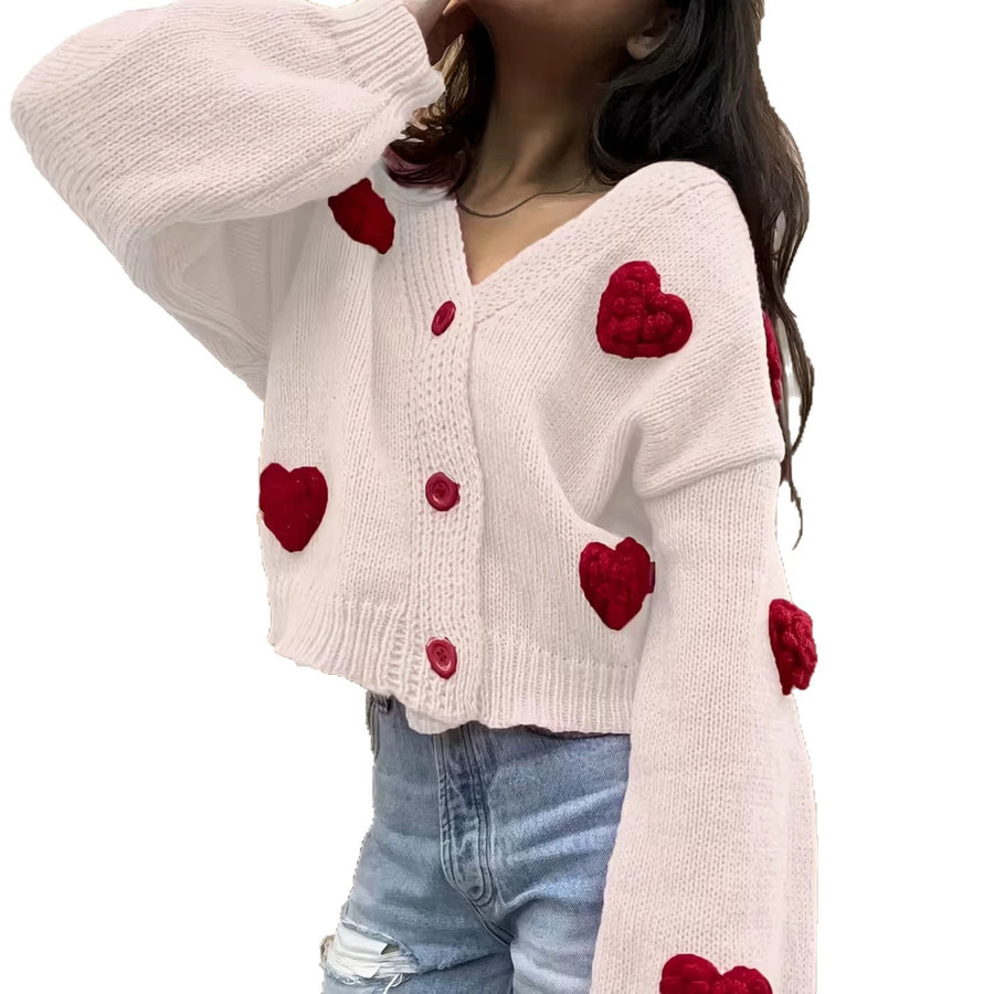 Womens Fashionable Knitted Cardigan with Heart Motifs