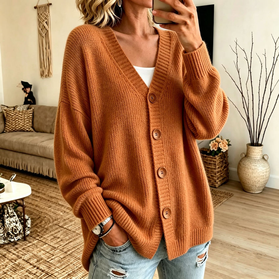 Buttoned V-neck Knitted Cardigan Sweater for Women