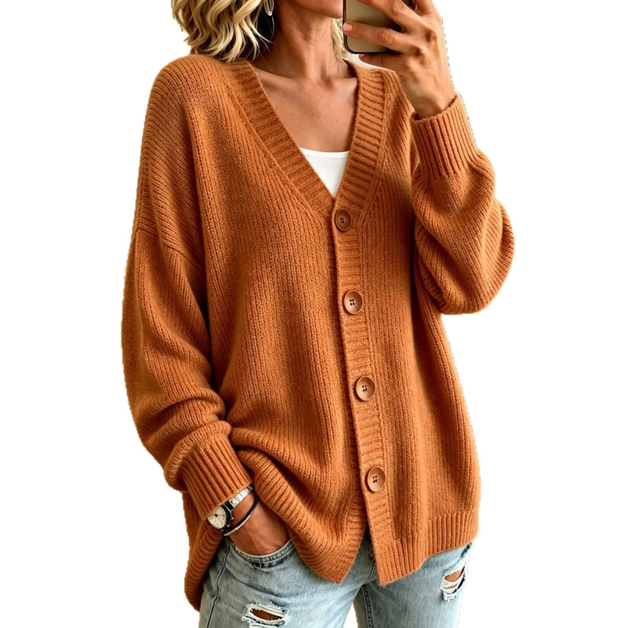 Buttoned V-neck Knitted Cardigan Sweater for Women