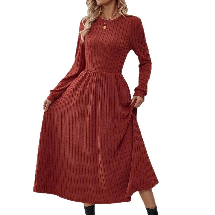 Womens Round-neck Solid-color Knitted Long-sleeve Dress
