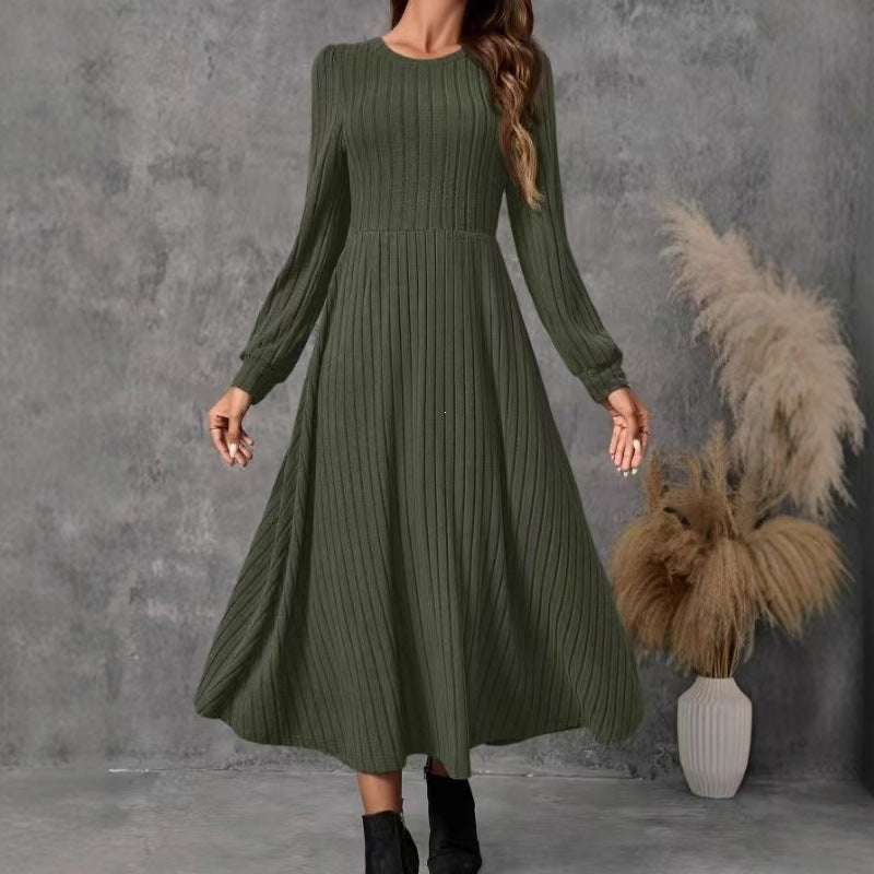 Womens Round-neck Solid-color Knitted Long-sleeve Dress