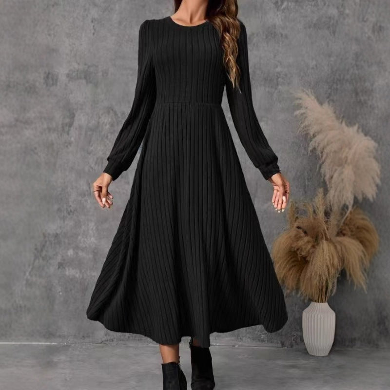 Womens Round-neck Solid-color Knitted Long-sleeve Dress