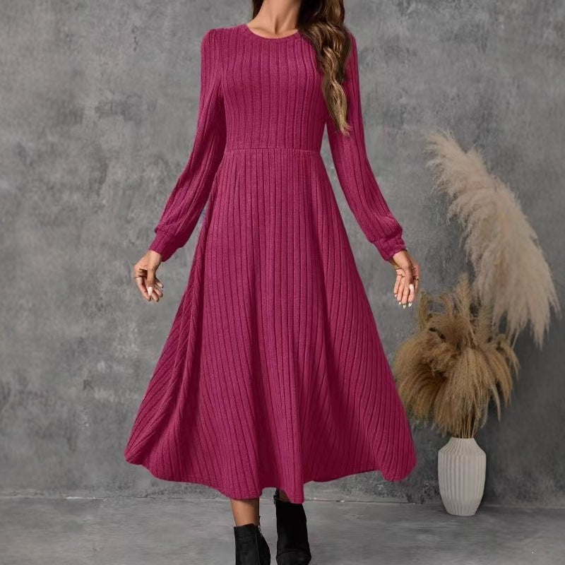 Womens Round-neck Solid-color Knitted Long-sleeve Dress