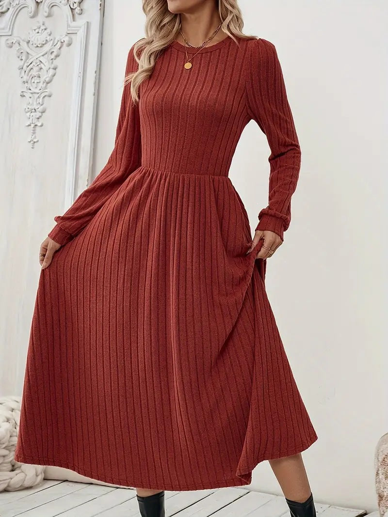 Womens Round-neck Solid-color Knitted Long-sleeve Dress
