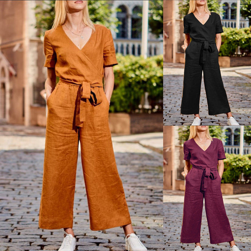 Arrival Short-Sleeve Color-Block Casual Jumpsuit