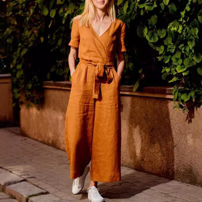 Arrival Short-Sleeve Color-Block Casual Jumpsuit