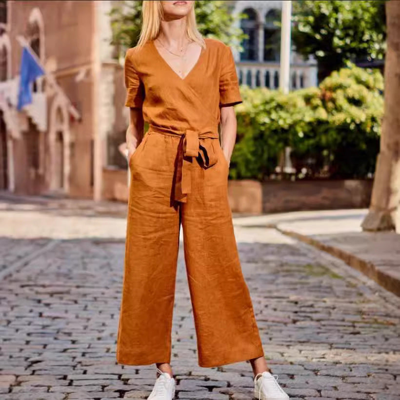 Arrival Short-Sleeve Color-Block Casual Jumpsuit