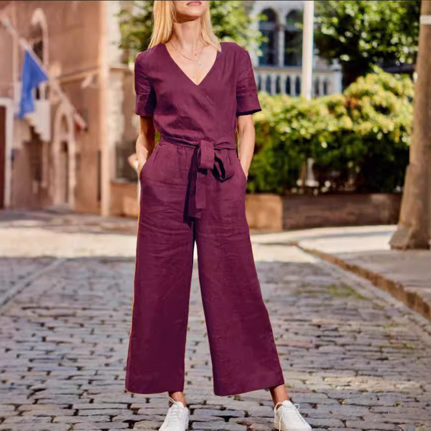 Arrival Short-Sleeve Color-Block Casual Jumpsuit
