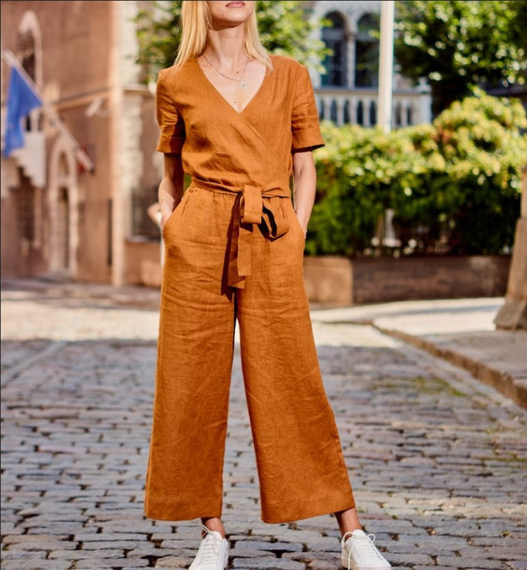 Arrival Short-Sleeve Color-Block Casual Jumpsuit