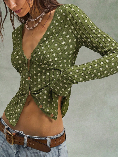 V-neck Lace Cropped Cardigan With Ruffled Trim