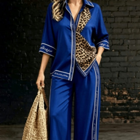 Summer Womens Shirt Set With Digital-Print Collar