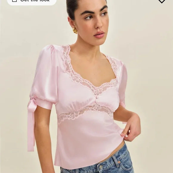 Fashionable V-neck Lace-Patchwork Short-Sleeve Top for Women