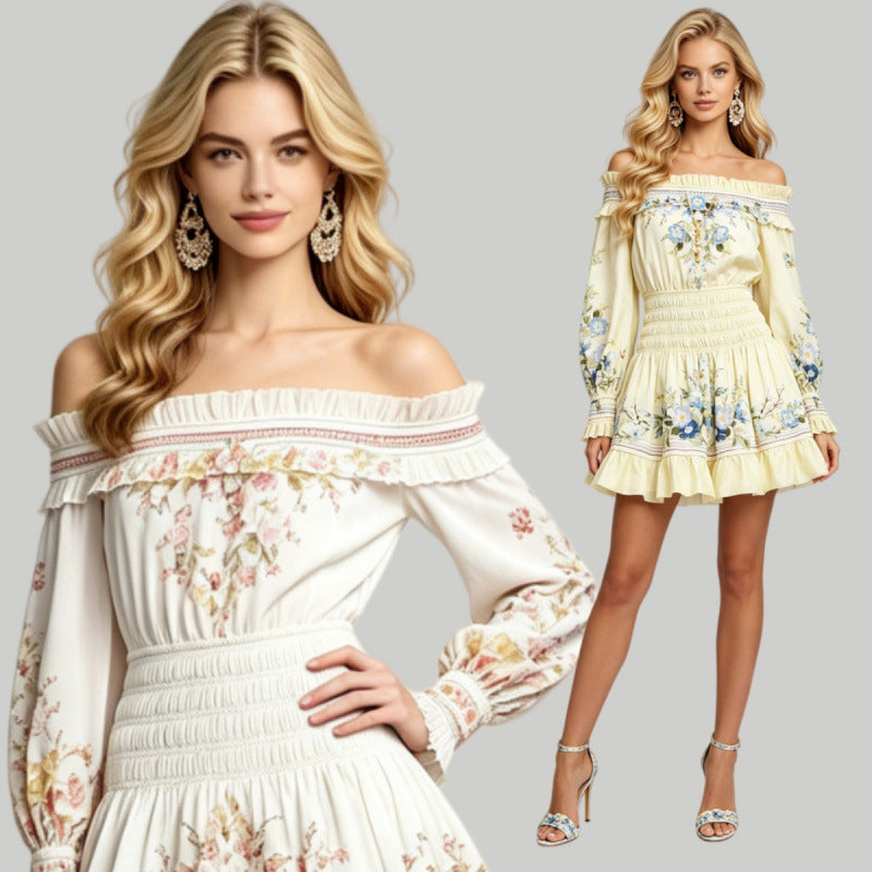 Sexy Stretchy Printed Long-Sleeve Waist-Cinching Dress