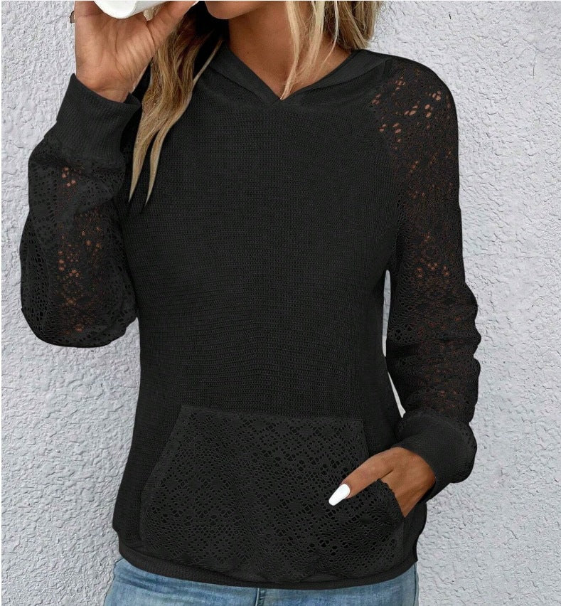 Womens Lace Waffle-Weave Casual Sweatshirt for Stylish Comfort