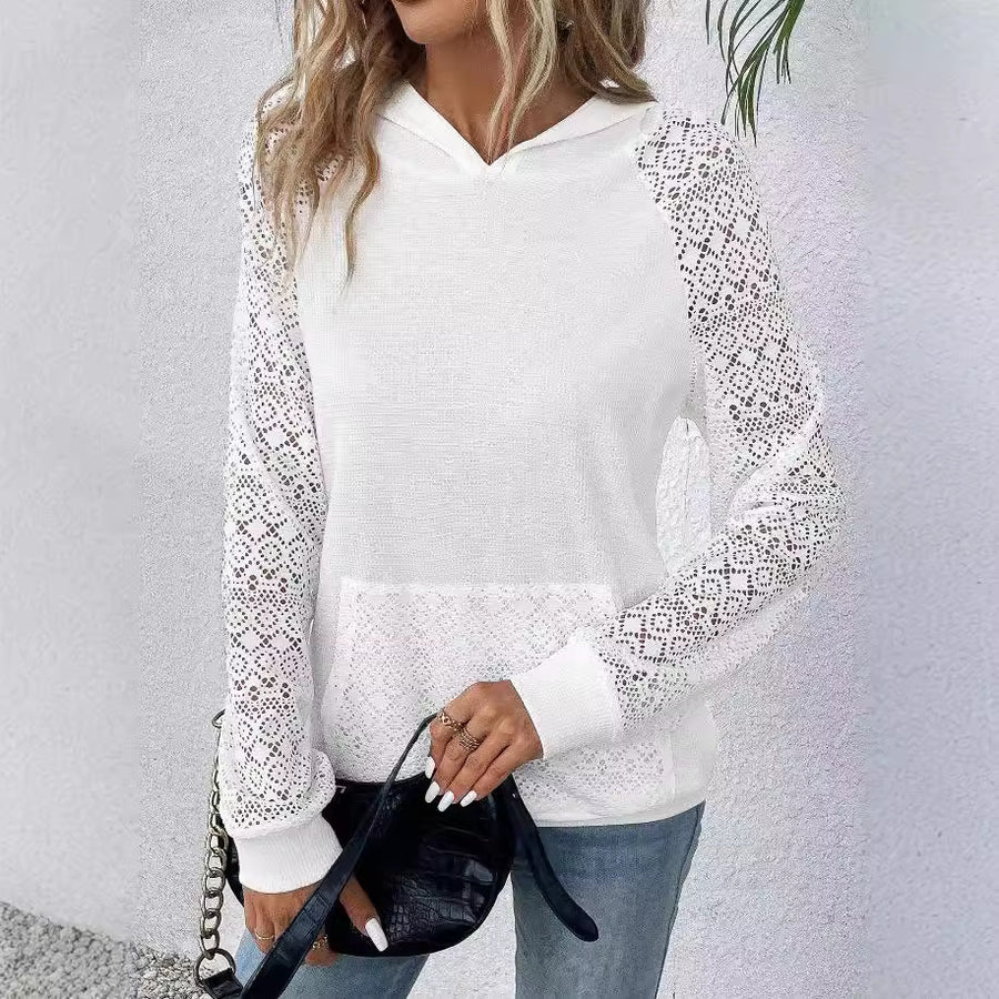 Womens Lace Waffle-Weave Casual Sweatshirt for Stylish Comfort