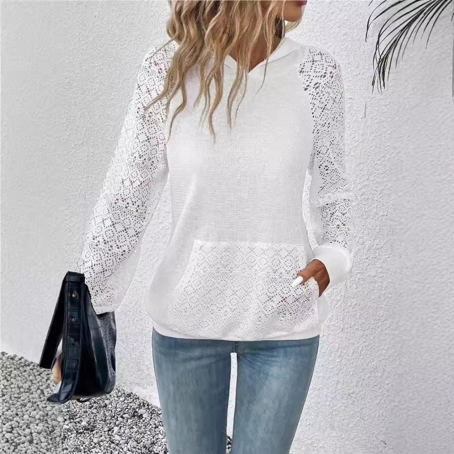 Womens Lace Waffle-Weave Casual Sweatshirt for Stylish Comfort