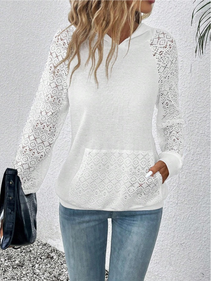 Womens Lace Waffle-Weave Casual Sweatshirt for Stylish Comfort