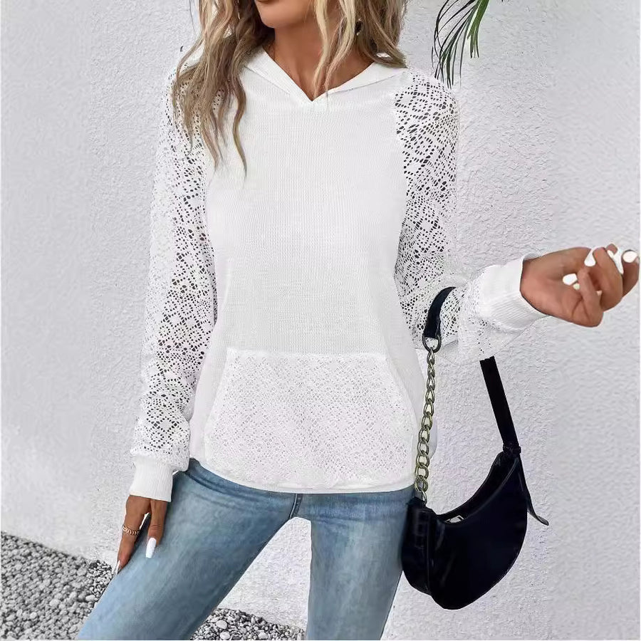 Womens Lace Waffle-Weave Casual Sweatshirt for Stylish Comfort