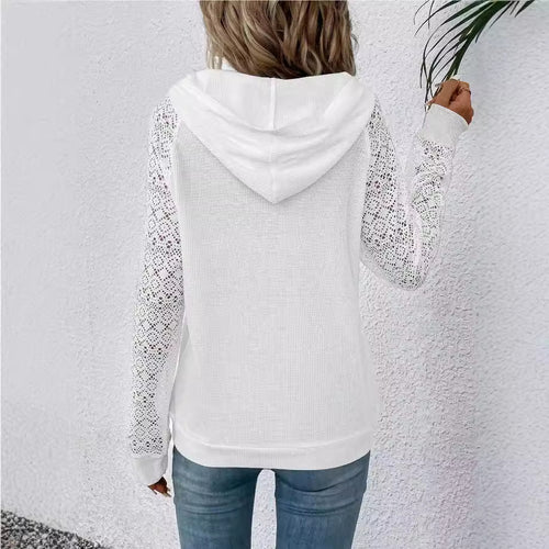 Womens Lace Waffle-Weave Casual Sweatshirt for Stylish Comfort