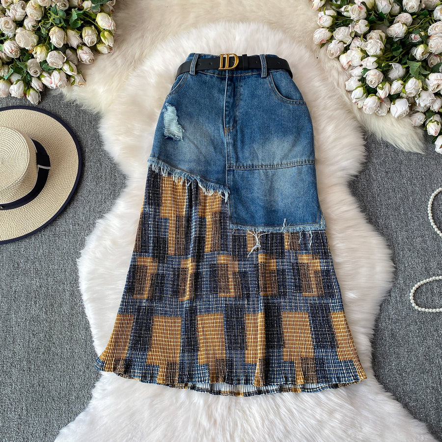American-style Cool And Edgy Ripped Fringed Midi Skirt