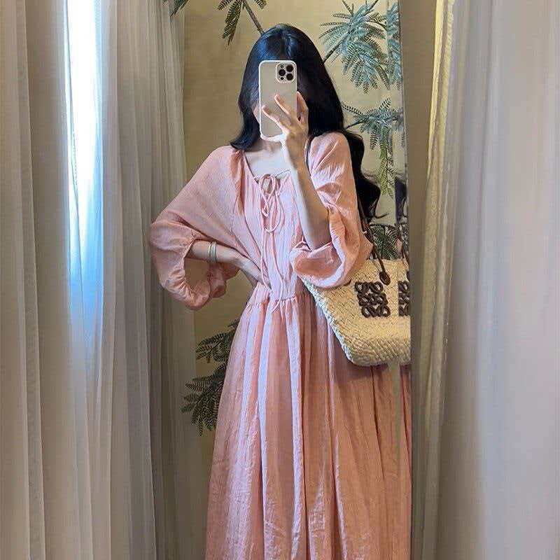Artistic Solid-color V-neck Loose-fit Midi Dress