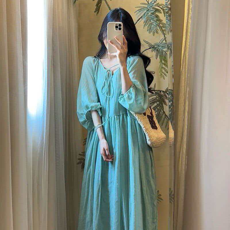 Artistic Solid-color V-neck Loose-fit Midi Dress