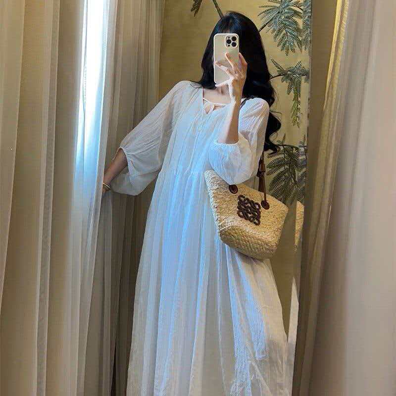 Artistic Solid-color V-neck Loose-fit Midi Dress
