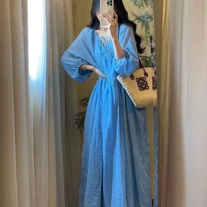 Artistic Solid-color V-neck Loose-fit Midi Dress