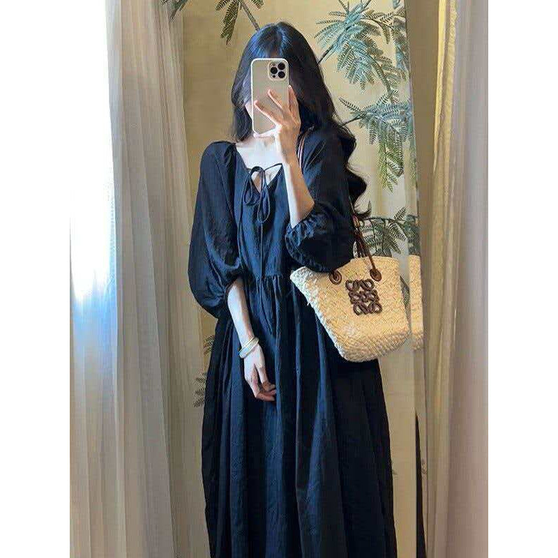 Artistic Solid-color V-neck Loose-fit Midi Dress