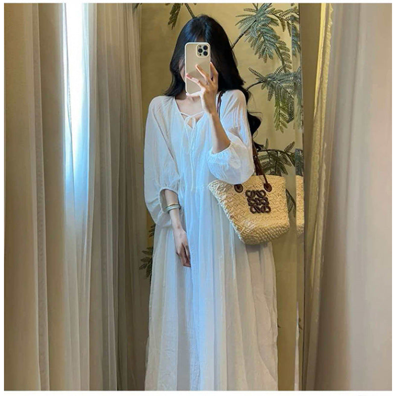 Artistic Solid-color V-neck Loose-fit Midi Dress