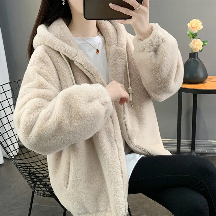 Womens Solid-Color Plush Winter Coat With Hood - Stylish Trench Coat